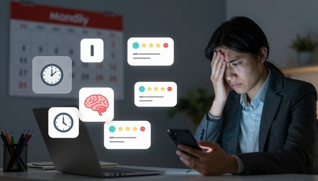 A visually engaging and thought-provoking illustration depicting the drawbacks of language learning apps, specifically focusing on Mondly. In the foreground, a frustrated user, wearing professional attire, sits at a desk, looking at their phone with visible disappointment. In the middle, various icons and symbols representing language learning challenges, such as a clock symbolizing time constraints, a brain symbolizing information overload, and user ratings with negative feedback. The background consists of a dimly lit room with a large calendar on the wall indicating the passage of time, creating a sense of urgency. The overall mood is slightly melancholic, highlighting the hurdles in efficient language acquisition. The scene is captured using soft lighting for an intimate atmosphere, with a slight upward angle to draw attention to the user's expression. A visually engaging and thought-provoking illustration depicting the drawbacks of language learning apps, specifically focusing on Mondly. In the foreground, a frustrated user, wearing professional attire, sits at a desk, looking at their phone with visible disappointment. In the middle, various icons and symbols representing language learning challenges, such as a clock symbolizing time constraints, a brain symbolizing information overload, and user ratings with negative feedback. The background consists of a dimly lit room with a large calendar on the wall indicating the passage of time, creating a sense of urgency. The overall mood is slightly melancholic, highlighting the hurdles in efficient language acquisition. The scene is captured using soft lighting for an intimate atmosphere, with a slight upward angle to draw attention to the user's expression.