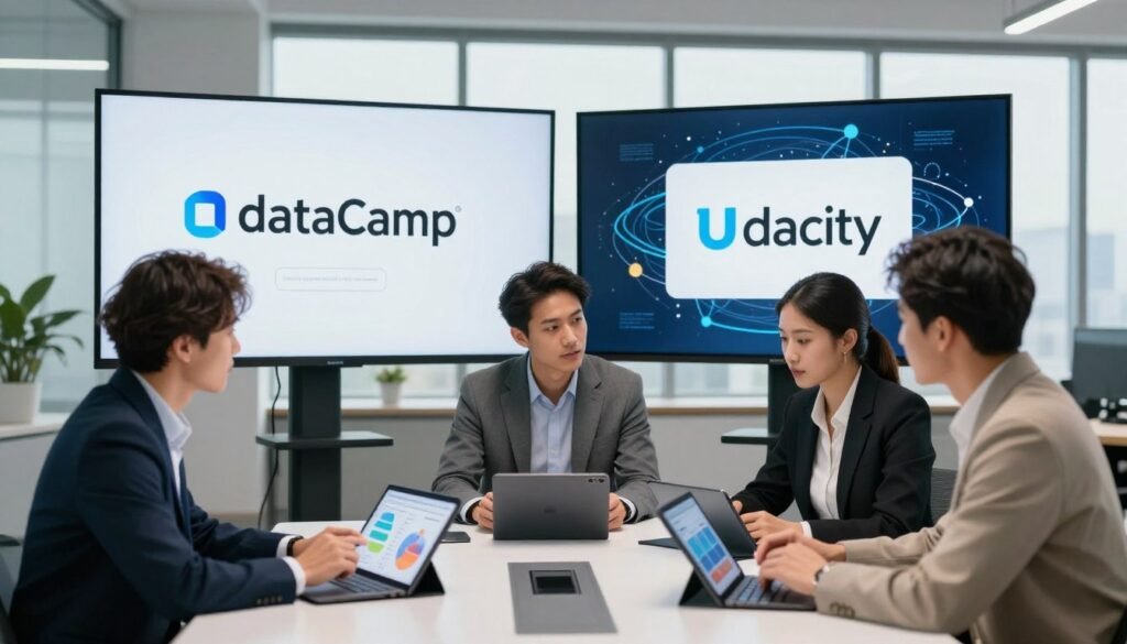 A visually engaging comparison scene illustrating various data science learning platforms. In the foreground, a diverse group of three professionals in business attire is gathered around a modern conference table, analyzing colorful charts and graphs displayed on digital tablets. In the middle ground, two large screens showcase logos and feature highlights of popular platforms, including DataCamp, Coursera, and Udacity, all surrounded by a network of data flow graphics symbolizing connectivity and knowledge sharing. The background features a sleek, modern office environment with large windows letting in soft natural light. A sense of focused collaboration and innovation fills the atmosphere, enhanced by a bright color palette and balanced composition, evoking a professional yet approachable mood. A visually engaging comparison scene illustrating various data science learning platforms. In the foreground, a diverse group of three professionals in business attire is gathered around a modern conference table, analyzing colorful charts and graphs displayed on digital tablets. In the middle ground, two large screens showcase logos and feature highlights of popular platforms, including DataCamp, Coursera, and Udacity, all surrounded by a network of data flow graphics symbolizing connectivity and knowledge sharing. The background features a sleek, modern office environment with large windows letting in soft natural light. A sense of focused collaboration and innovation fills the atmosphere, enhanced by a bright color palette and balanced composition, evoking a professional yet approachable mood.