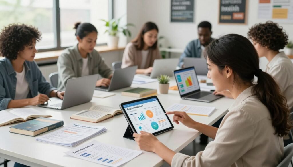 A visually engaging scene depicting a diverse group of individuals sitting at a modern workspace, each exploring different plans for learning English tailored to their budgets. In the foreground, a woman in professional attire is discussing options with a man, both looking at a digital tablet filled with graphs and plans. The middle ground features a large, open plan desk with additional educational materials, like books and laptops, each displaying English learning apps. The background is a bright, airy office space with motivational posters and plants, emphasizing a conducive learning atmosphere. Soft, natural lighting filters through large windows, creating a warm and inviting mood. The overall scene conveys empowerment, choice, and adaptability in language learning. A visually engaging scene depicting a diverse group of individuals sitting at a modern workspace, each exploring different plans for learning English tailored to their budgets. In the foreground, a woman in professional attire is discussing options with a man, both looking at a digital tablet filled with graphs and plans. The middle ground features a large, open plan desk with additional educational materials, like books and laptops, each displaying English learning apps. The background is a bright, airy office space with motivational posters and plants, emphasizing a conducive learning atmosphere. Soft, natural lighting filters through large windows, creating a warm and inviting mood. The overall scene conveys empowerment, choice, and adaptability in language learning.