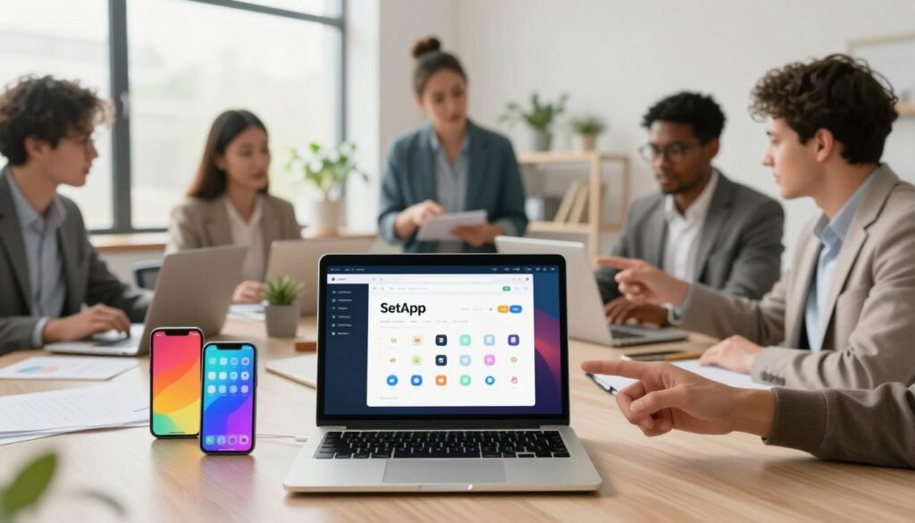 A visually engaging workspace scene illustrating "SetApp" subscription and user experience. In the foreground, a sleek laptop displaying the SetApp interface is surrounded by colorful smartphone and tablet screens showcasing various app icons. The middle layer features a diverse group of professionals in business attire, collaborating and discussing app features while pointing at the screens, exuding a sense of teamwork and productivity. The background shows a bright and modern office environment with large windows letting in natural light, plants for a touch of greenery, and minimalist furniture. The mood is energetic and innovative, with a soft-focus effect on the background to emphasize the users and their devices. Use soft, warm lighting and a slightly elevated angle for an inviting perspective. A visually engaging workspace scene illustrating "SetApp" subscription and user experience. In the foreground, a sleek laptop displaying the SetApp interface is surrounded by colorful smartphone and tablet screens showcasing various app icons. The middle layer features a diverse group of professionals in business attire, collaborating and discussing app features while pointing at the screens, exuding a sense of teamwork and productivity. The background shows a bright and modern office environment with large windows letting in natural light, plants for a touch of greenery, and minimalist furniture. The mood is energetic and innovative, with a soft-focus effect on the background to emphasize the users and their devices. Use soft, warm lighting and a slightly elevated angle for an inviting perspective.