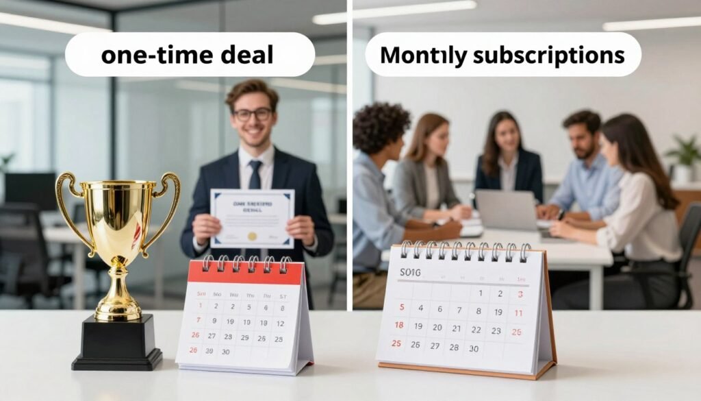 A visually striking comparison image depicting a "one-time deal" versus "monthly subscriptions" for businesses. In the foreground, place two distinct symbols: a golden trophy representing the one-time deal, and a stack of monthly calendars symbolizing ongoing subscriptions. In the middle ground, create a split scene with contrasting images: on one side, a satisfied businessperson in professional attire holding a certificate of a one-time deal, and on the other side, a diverse group of professionals in a casual yet polished setting discussing benefits of subscriptions. The background features a modern office environment, lightly blurred to draw focus to the foreground elements. Utilize bright, balanced lighting to create an upbeat and informative atmosphere. The overall mood should be professional yet approachable, emphasizing the importance of making an informed business decision. A visually striking comparison image depicting a "one-time deal" versus "monthly subscriptions" for businesses. In the foreground, place two distinct symbols: a golden trophy representing the one-time deal, and a stack of monthly calendars symbolizing ongoing subscriptions. In the middle ground, create a split scene with contrasting images: on one side, a satisfied businessperson in professional attire holding a certificate of a one-time deal, and on the other side, a diverse group of professionals in a casual yet polished setting discussing benefits of subscriptions. The background features a modern office environment, lightly blurred to draw focus to the foreground elements. Utilize bright, balanced lighting to create an upbeat and informative atmosphere. The overall mood should be professional yet approachable, emphasizing the importance of making an informed business decision.