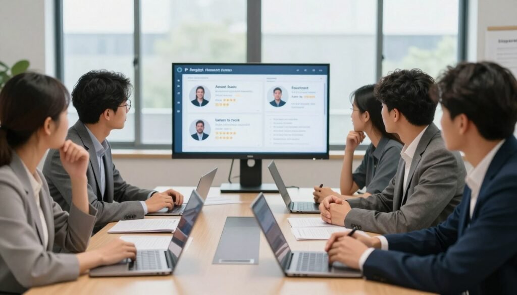 A visually striking office environment depicting a professional evaluation of language tutors. In the foreground, a diverse group of individuals, each in business attire, are engaged in a thoughtful discussion around a large conference table covered with laptops and assessment forms. In the middle ground, an attentive person is reviewing a digital screen showcasing various tutor profiles with ratings and feedback. The background features large windows allowing natural light to flood the room, enhancing the atmosphere of professionalism and collaboration. The soft focus of the background emphasizes the serious mood of the discussion while maintaining a warm and inviting ambiance, symbolizing the consideration of quality and compatibility in choosing a language tutor. A visually striking office environment depicting a professional evaluation of language tutors. In the foreground, a diverse group of individuals, each in business attire, are engaged in a thoughtful discussion around a large conference table covered with laptops and assessment forms. In the middle ground, an attentive person is reviewing a digital screen showcasing various tutor profiles with ratings and feedback. The background features large windows allowing natural light to flood the room, enhancing the atmosphere of professionalism and collaboration. The soft focus of the background emphasizes the serious mood of the discussion while maintaining a warm and inviting ambiance, symbolizing the consideration of quality and compatibility in choosing a language tutor.