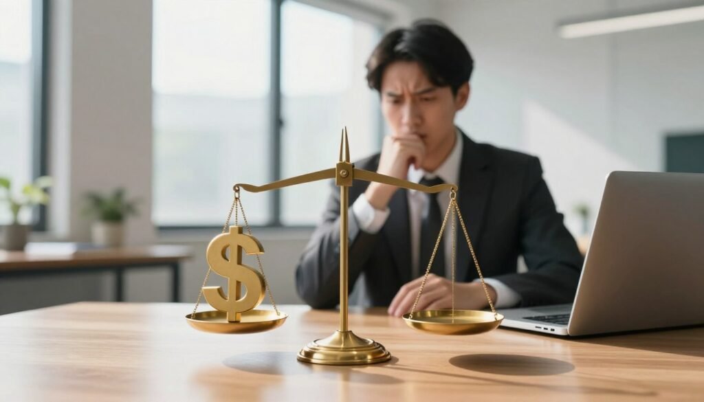 A well-lit modern office setting with a sleek wooden desk in the foreground. On the desk, a balanced scale holds two distinct items: on one side, a shiny gold dollar sign representing the benefits of lifetime deals; on the other, a closed laptop symbolizing the potential pitfalls of long-term commitments. In the middle ground, a professional individual in business attire, thoughtfully observing the scale, with a slight furrow of concentration on their brow. The background features a large window allowing natural sunlight to flood the room, casting soft shadows. The atmosphere is contemplative and focused, emphasizing the importance of decision-making in evaluating lifetime deals. The perspective is slightly angled to create depth, highlighting both the scale and the person’s engagement with the process. A well-lit modern office setting with a sleek wooden desk in the foreground. On the desk, a balanced scale holds two distinct items: on one side, a shiny gold dollar sign representing the benefits of lifetime deals; on the other, a closed laptop symbolizing the potential pitfalls of long-term commitments. In the middle ground, a professional individual in business attire, thoughtfully observing the scale, with a slight furrow of concentration on their brow. The background features a large window allowing natural sunlight to flood the room, casting soft shadows. The atmosphere is contemplative and focused, emphasizing the importance of decision-making in evaluating lifetime deals. The perspective is slightly angled to create depth, highlighting both the scale and the person’s engagement with the process.