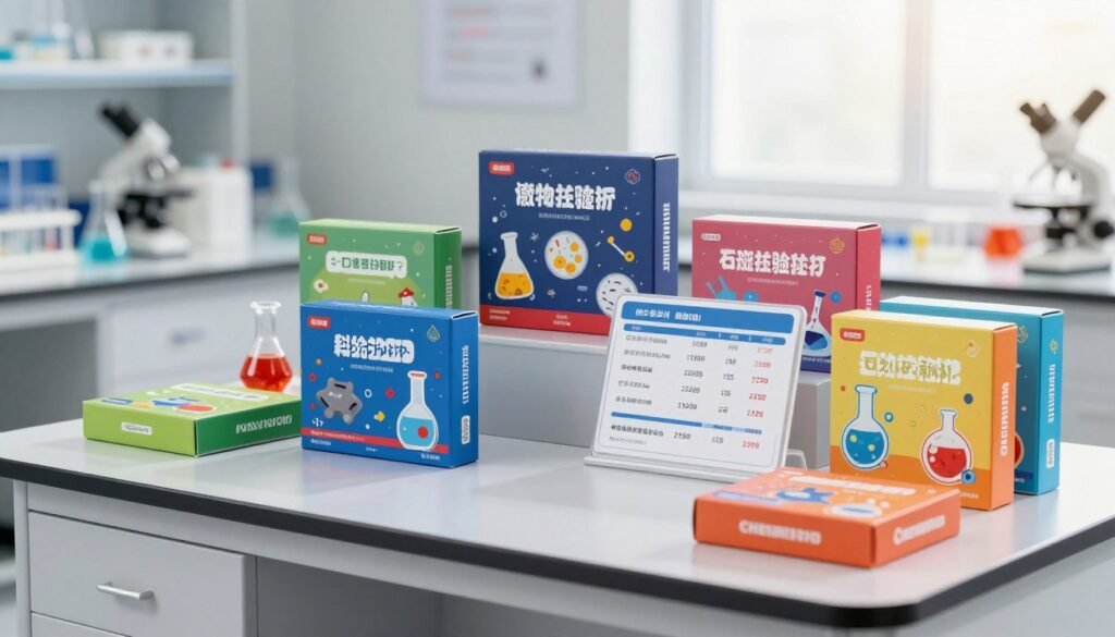 An informative display featuring various scientific experiment kits, prominently arranged on a sleek, modern tabletop. In the foreground, colorful, neatly packaged boxes labeled with scientific themes such as chemistry, physics, and biology, showcasing vibrant graphics of experiments. In the middle, a price tag or pricing chart illustrated clearly beside the kits, depicting different plans and cost options for purchasing these experiments. The background is softly blurred to emphasize the kits, featuring a light and airy laboratory setting, with sunlight streaming through a window, creating an inviting and educational atmosphere. The image conveys curiosity and excitement about science, encouraging engagement with the subject matter. An informative display featuring various scientific experiment kits, prominently arranged on a sleek, modern tabletop. In the foreground, colorful, neatly packaged boxes labeled with scientific themes such as chemistry, physics, and biology, showcasing vibrant graphics of experiments. In the middle, a price tag or pricing chart illustrated clearly beside the kits, depicting different plans and cost options for purchasing these experiments. The background is softly blurred to emphasize the kits, featuring a light and airy laboratory setting, with sunlight streaming through a window, creating an inviting and educational atmosphere. The image conveys curiosity and excitement about science, encouraging engagement with the subject matter.